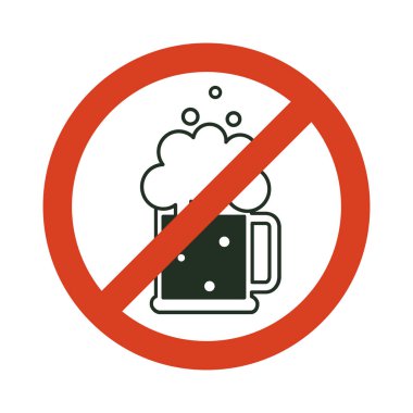 Alkol yok gibi. Alkol içecekler yasaklayan. Bira bardağı ile kırmızı yasak sembolü. İzole vektör çizim.