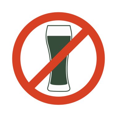 Alkol yok gibi. Alkol içecekler yasaklayan. Bira cam ile kırmızı yasak sembolü. İzole vektör çizim.