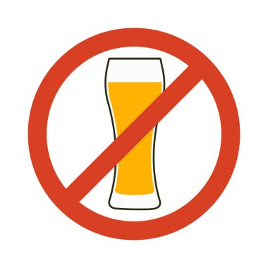 Alkol yok gibi. Alkol içecekler yasaklayan. Bira cam ile kırmızı yasak sembolü. İzole vektör çizim.