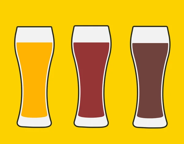 啤酒杯, 三版轻啤酒, 黑啤酒和琥珀啤酒. — 图库矢量图片