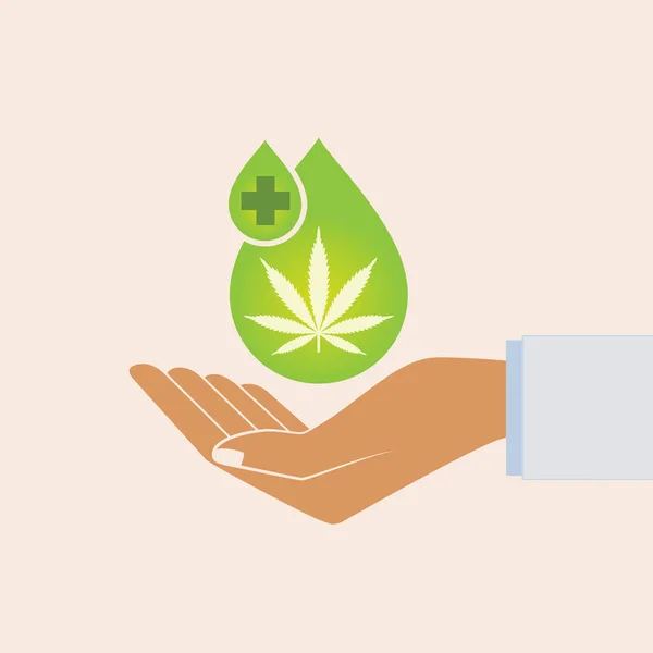 Hand Holding Oil Drop Marijuana Leaf Medical Cannabis Oil Cbd — Stock Vector