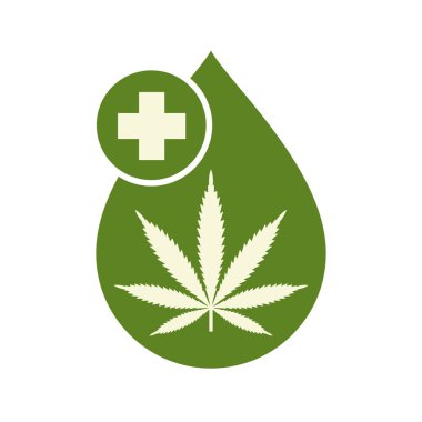 Tıbbi esrar petrol simgesi tasarım marihuana yaprağı ve kenevir yağı damla ile. CBD petrol esrar ayıklayın. Simge ürün etiket ve logo grafik şablonu. Beyaz arka plan üzerinde izole vektör çizim.