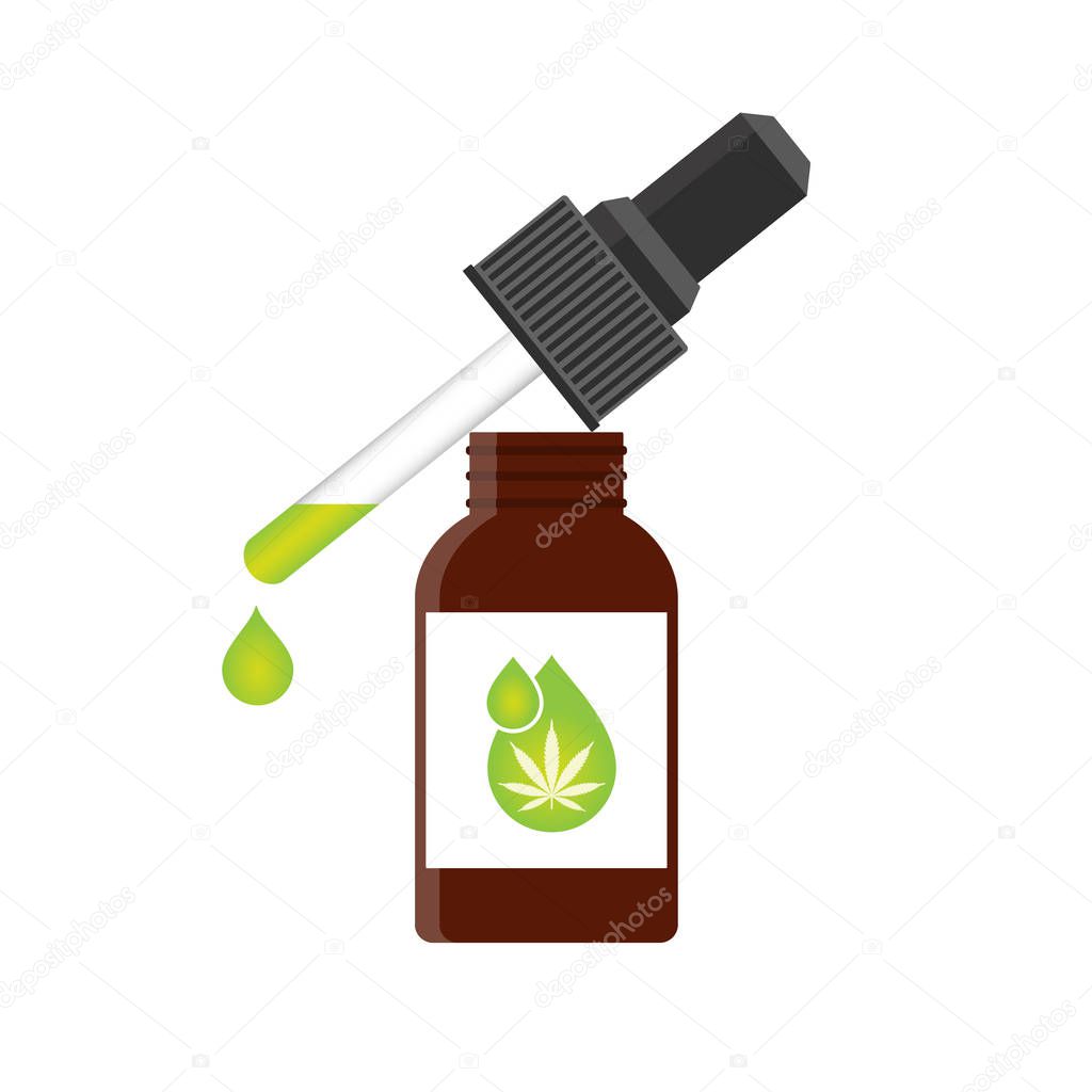 CBD oil cannabis extract. Medical marijuana. Hemp oil in a bottle. Mock up of cannabis oil. Icon product label and logo graphic template. Isolated vector illustration on white background.