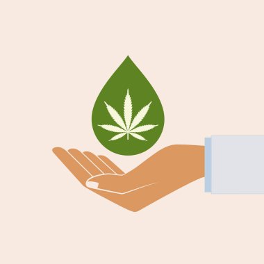 Yağ damla marihuana yaprağı tutan el. Tıbbi esrar petrol. CBD petrol esrar ayıklayın. Doğal kenevir yağı. Simge ürün etiket ve logo grafik şablonu. İzole vektör çizim.