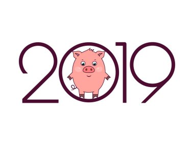 2019 mutlu yeni yıl tebrik kartı. Domuz ve metin için yer ile kutlama beyaz arka plan. Çin takvimine domuz 2019 yılı için. Beyaz arka plan üzerinde izole vektör çizim.