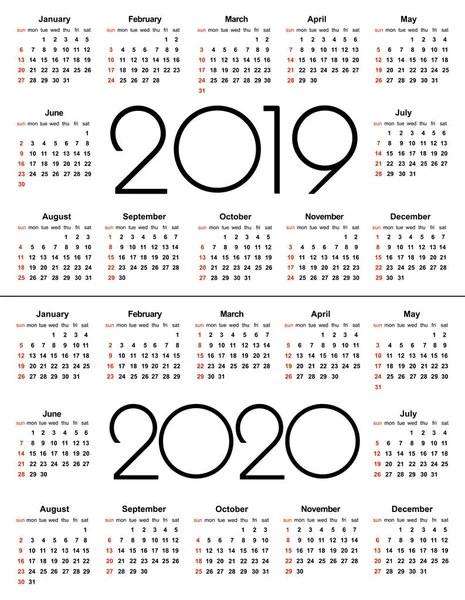 Kalender 2019 Und 2020 Jahr Einfache Vektorvorlage Briefpapier Design Vorlage — Stockvektor