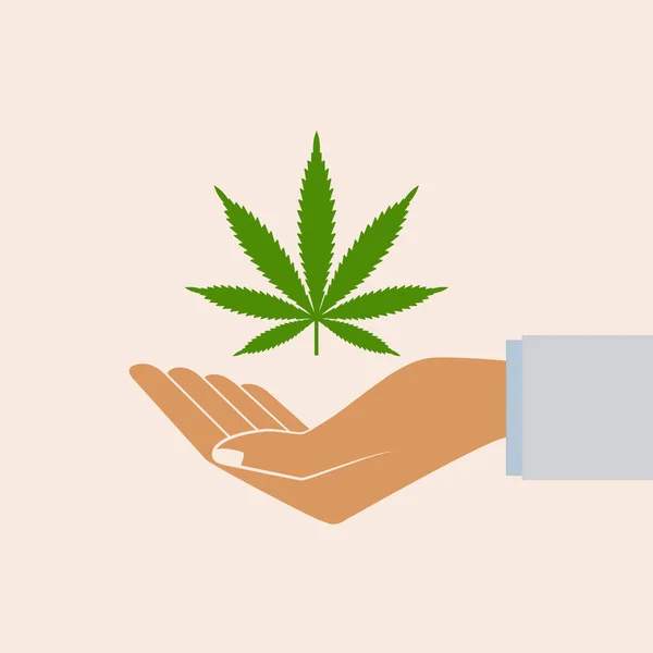 マリファナの葉を持っている手 医療コンセプト 大麻の合法化 アイコン製品ラベルおよびロゴ グラフィック テンプレート 分離ベクトル図 — ストックベクタ