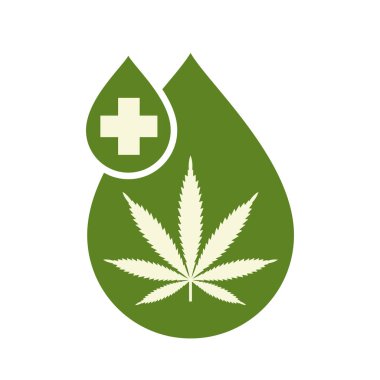 Tıbbi esrar petrol simgesi tasarım marihuana yaprağı ve kenevir yağı damla ile. CBD petrol esrar ayıklayın. Simge ürün etiket ve logo grafik şablonu. Beyaz arka plan üzerinde izole vektör çizim.