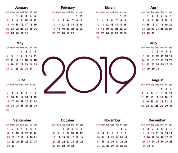 Kalender 2019 Jahr Einfache Vektorvorlage Briefpapier Design Vorlage Kalenderdesign Schwarz — Stockvektor