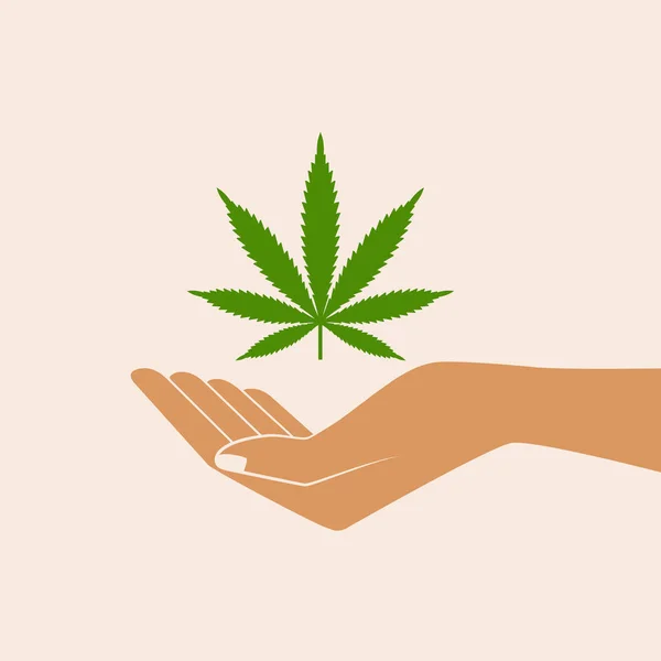 マリファナの葉を持っている手 医療コンセプト 大麻の合法化 アイコン製品ラベルおよびロゴ グラフィック テンプレート 分離ベクトル図 — ストックベクタ