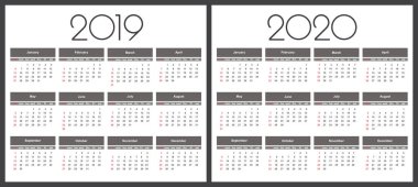 Takvim 2019 ve 2020 yılı. Basit vektör şablonu. İleti örneği tasarım şablonu. Takvim tasarımı siyah ve beyaz renklerde, tatil kırmızı renklerde.