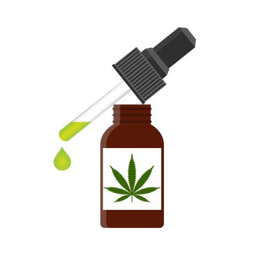 Kenevir yağı bir şişe. CBD petrol esrar ayıklayın. Tıbbi marihuana. Yukarı kenevir yağı alay. Simge ürün etiket ve logo grafik şablonu. Beyaz arka plan üzerinde izole vektör çizim.