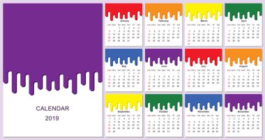 Renkli yıl 2019 takvim. Vektör boya damlama çok renkli. İzole illüstrasyon.