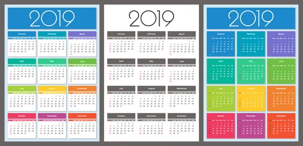 2019 Kalendářní Rok Barevné Sady Jednoduchý Vektor Šablona — Stockový vektor