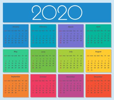 Renkli yıl 2020 takvim. Basit vektör şablonu. İzole illüstrasyon