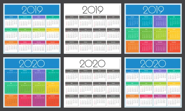 Kalender 2019 Und 2020 Jahr Buntes Set Einfache Vektorvorlage — Stockvektor