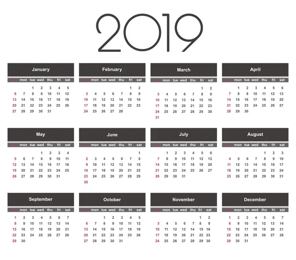 Kalender 2019 Jahr Einfache Vektorvorlage Briefpapier Design Vorlage Kalenderdesign Schwarz — Stockvektor
