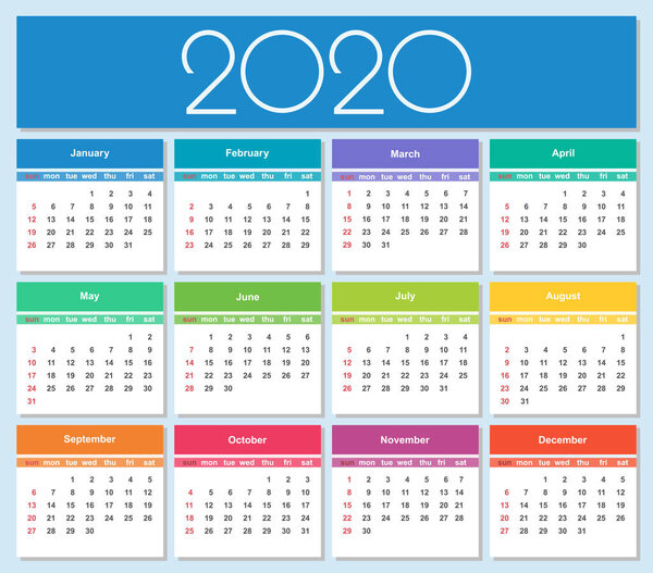 Colorful year 2020 calendar. Simple Vector Template. Isolated illustration