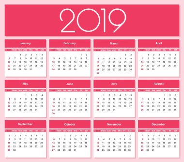 Takvim 2019 kırmızı arka plan için. Basit vektör şablonu. İzole illüstrasyon.