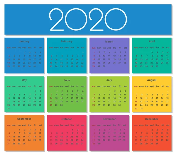 Барвистий Календар 2020 Року Простий Векторний Шаблон Ізольовані Ілюстрації — стоковий вектор