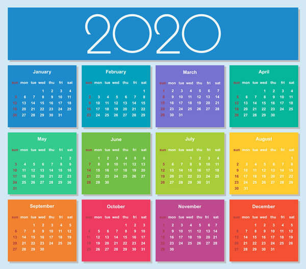 Colorful year 2020 calendar. Simple Vector Template. Isolated illustration