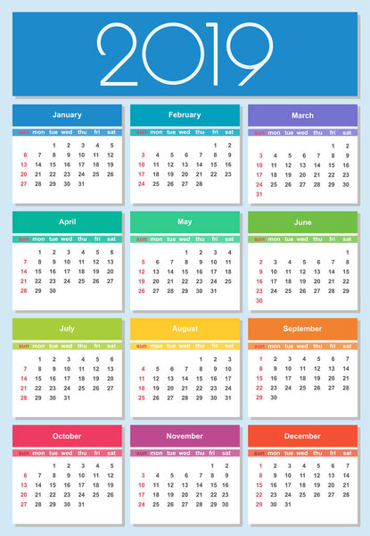 Calendar 2019 year. Colorful set. Simple Vector Template