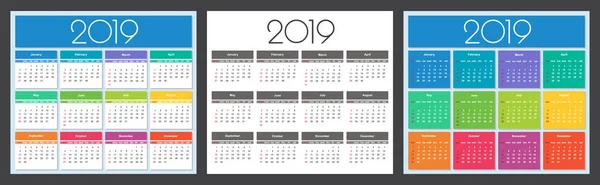 Kalender 2019 Jahr Buntes Set Einfache Vektorvorlage — Stockvektor