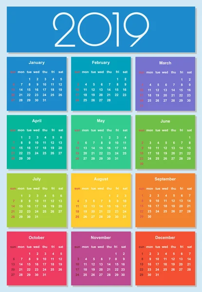 Jaar Kalender 2019 Kleurrijke Set Eenvoudige Vector Sjabloon — Stockvector