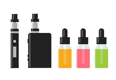 Vaping aygıt ve aksesuar. Elektronik Sigara ve vape sıvı şişe. e - sıvı, e-suyu. Vape şişe sıvı ile mockup. Beyaz arka plan üzerinde izole vektör çizim.