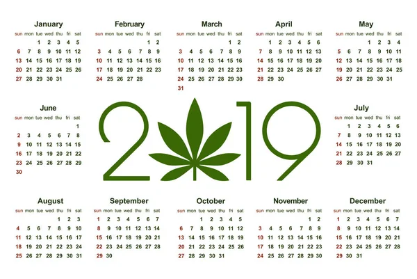 Marijuana Calendar 2019 Medical Cannabis Simple Vector Template Stationery Design — Stock Vector