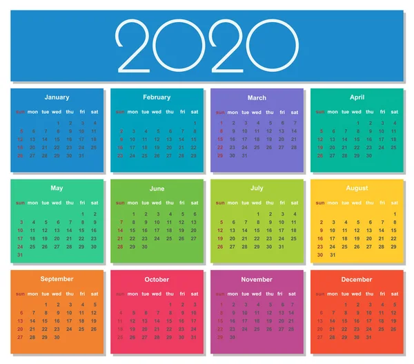 Барвистий Календар 2020 Року Простий Векторний Шаблон Ізольовані Ілюстрації — стоковий вектор