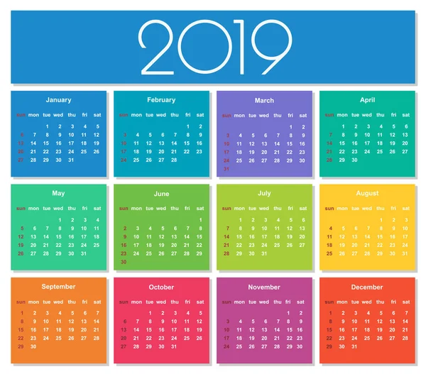 Kalender Für Das Bunte Jahr 2019 Einfache Vektorvorlage Vereinzelte Illustration — Stockvektor