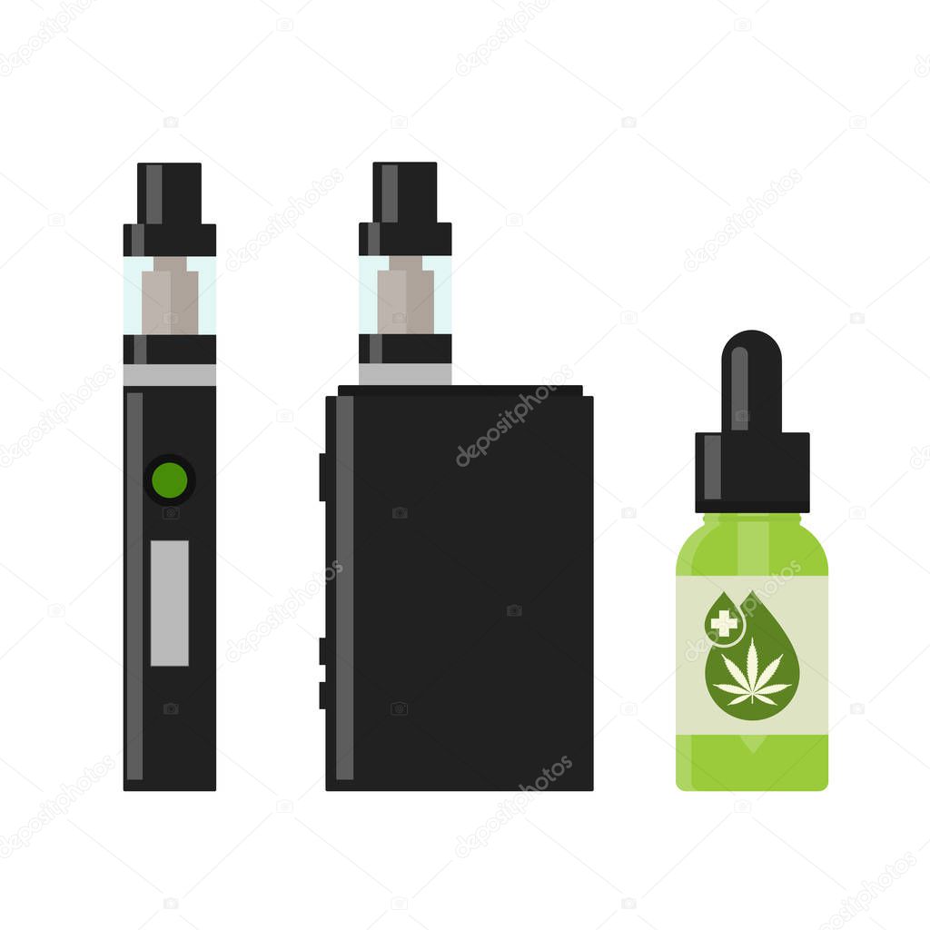 Marijuana Cannabis liquid for Vaping. Vape Cannabis Oil. Cannabis vaporizer. E-cigarette for vaping. Isolated vector illustration on white background.