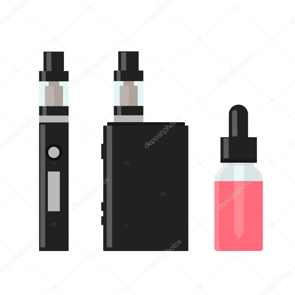 Vaping device and accessory. Electronic cigarette and bottles with vape liquid. e- liquid, e-juice. Mockup of Vape bottle with liquid. Isolated vector illustration on white background.