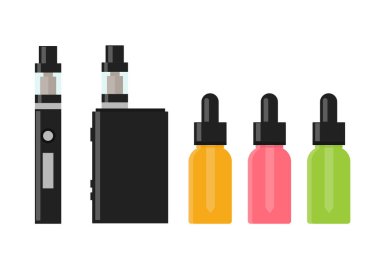 Vaping aygıt ve aksesuar. Elektronik Sigara ve vape sıvı şişe. e - sıvı, e-suyu. Vape şişe sıvı ile mockup. Beyaz arka plan üzerinde izole vektör çizim.