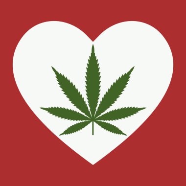 Esrar yaprak içinde kalp simgesi. Esrar kalp. İzole vektör çizim