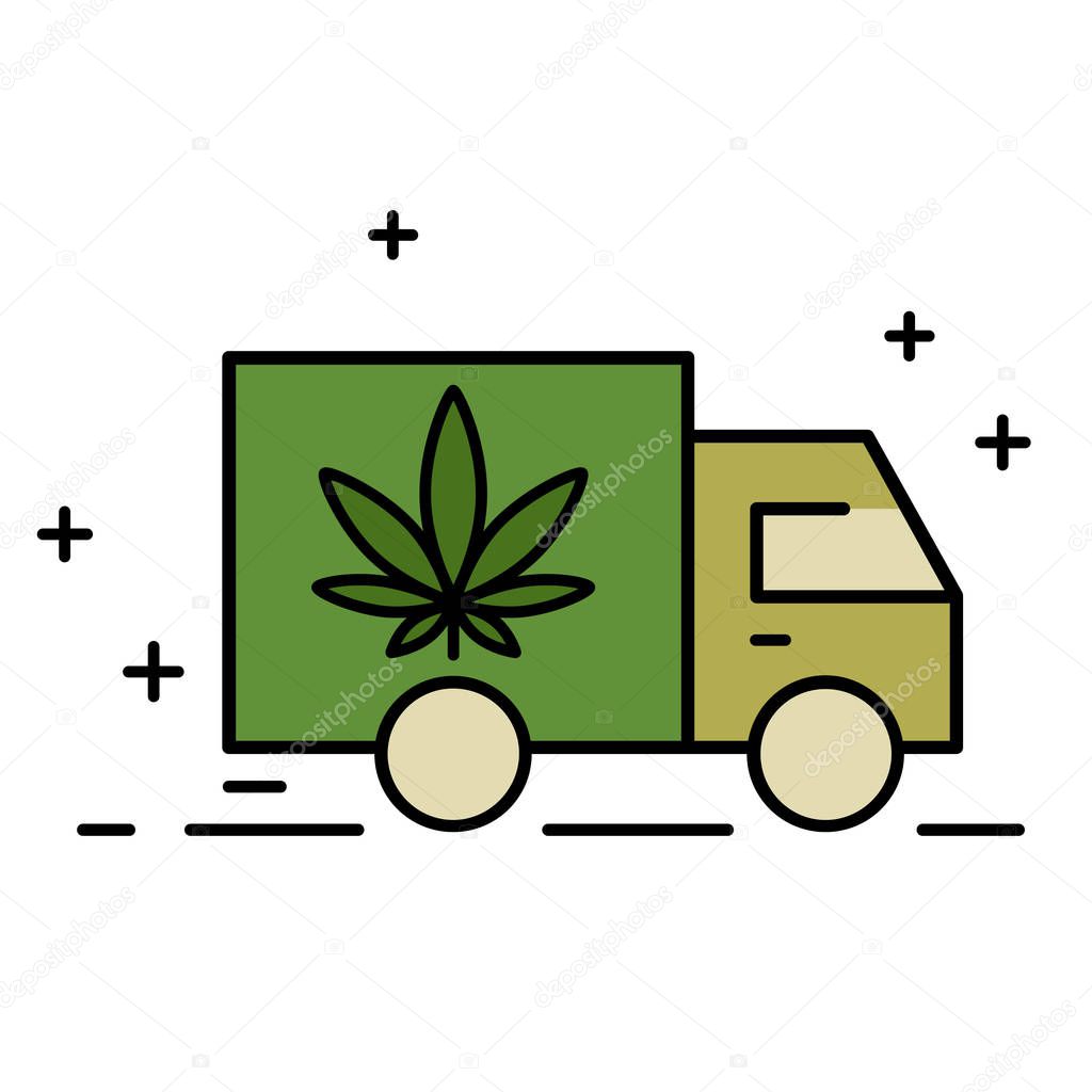 Delivery cannabis. Illustration of a delivery truck icon with a marijuana leaf. Marijuana Legalization. Isolated vector illustration on white background.
