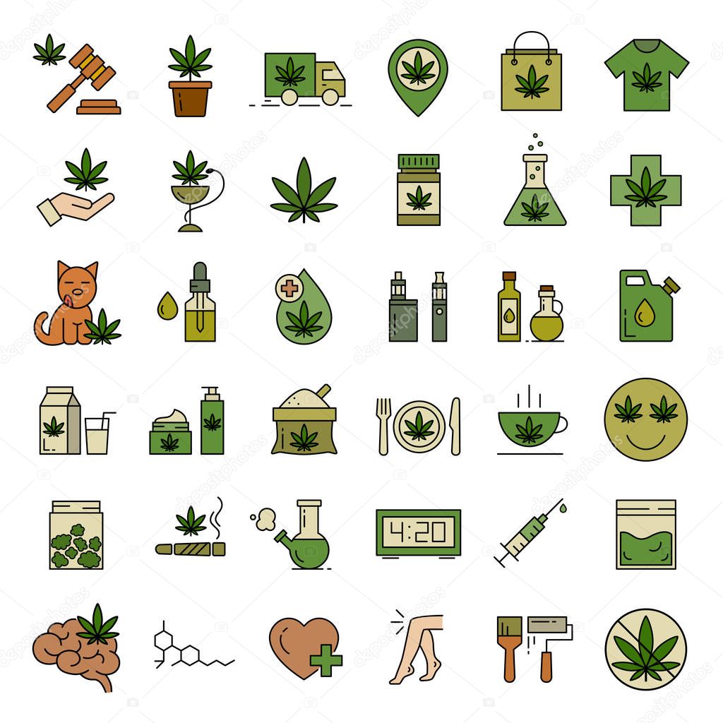 Cannabis icons. Set of medical marijuana icons. Drug consumption. Marijuana Legalization. Isolated vector illustration on white background.