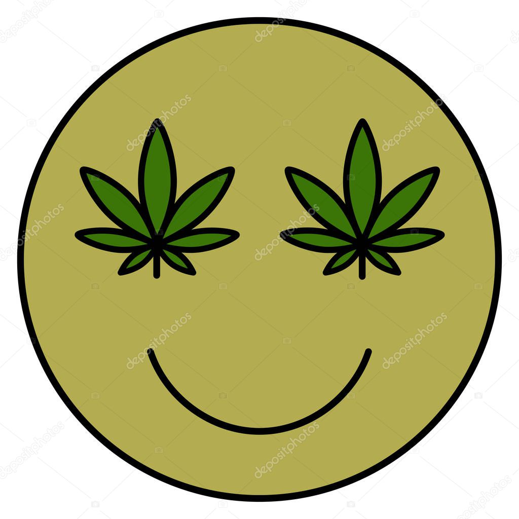 Cannabis smile. Smiling face. Drug consumption, marijuana use. Marijuana Legalization. Medical cannabis. Health and Medical therapy. Isolated vector illustration on white background.