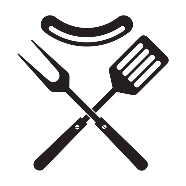 BBQ oder Grill-Tools Symbol. gekreuzte Grillgabel und Spachtel mit Wurst. — Stockvektor