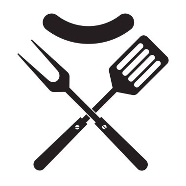 Barbekü veya ızgara araçları simgesi. Çapraz barbekü çatal ve sosis ile spatula.