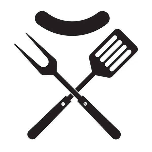 Barbecue ou icône des outils de grill. Fourchette croisée pour barbecue et spatule avec saucisse . — Image vectorielle