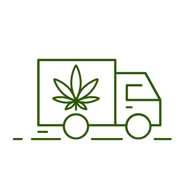 Παράδοση μαριχουάνας. Απεικόνιση ενός εικονιδίου φορτηγού παράδοσης με ένα φύλλο μαριχουάνας. — Διανυσματικό Αρχείο