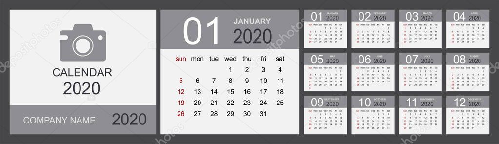 Calendar 2020 year. Simple Vector Template. Week Starts on Sunday. Vector illustration