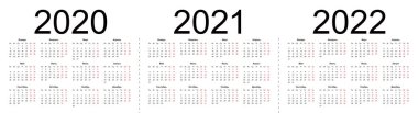 Rusça 2020, 2021, 2022 yıllık vektör takvimleri seti.