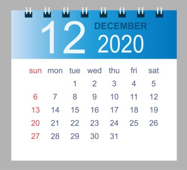 Aralık 2020. Vektör aylık takvim şablonu şablon tasarımı için basit bir tarzda 2020 yıl.