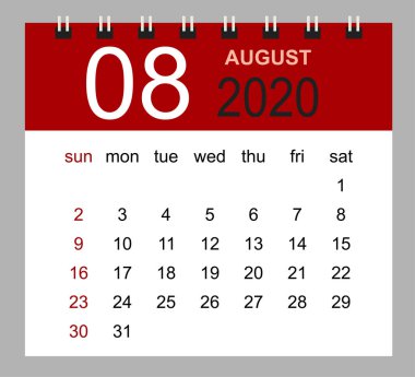 Ağustos 2020 için basit masa takvimi.