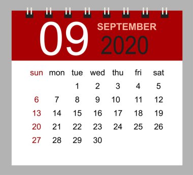 Eylül 2020 için basit masa takvimi.