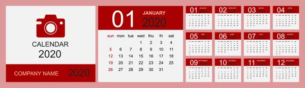 Kalender 2020. Tischkalender-Vorlage. 12 Monate, Planer, Wochenstart am Sonntag. — Stockvektor
