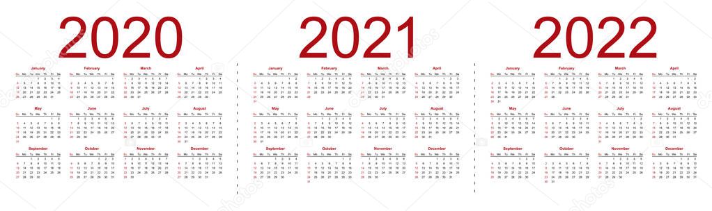 Set of minimalist calendars, years 2020 2021 2022, weeks start Sunday. Stock Vector